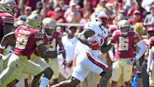 Sep 23, 2017; Tallahassee, FL, USA; North Carolina State Wolfpack halfback Jaylen Samuels (1) runs the ball during the first half of the game against the Florida State Seminoles at Doak Campbell Stadium. Photo Credit: Melina Vastola-USA TODAY Sports
