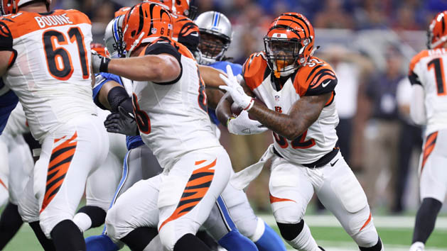 Aug 18, 2016; Detroit, MI, USA; Cincinnati Bengals running back Jeremy Hill (32) runs for a touchdown during the first quarter against the Detroit Lions at Ford Field. Photo Credit: Raj Mehta-USA TODAY Sports