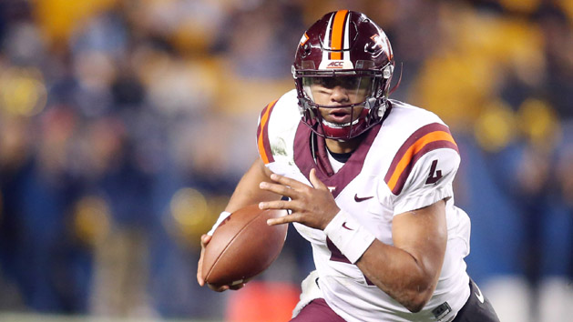 Oct 27, 2016; Pittsburgh, PA, USA; Virginia Tech Hokies quarterback Jerod Evans (4) scrambles with the ball against the Pittsburgh Panthers during the first half at Heinz Field. Photo Credit: Charles LeClaire-USA TODAY Sports