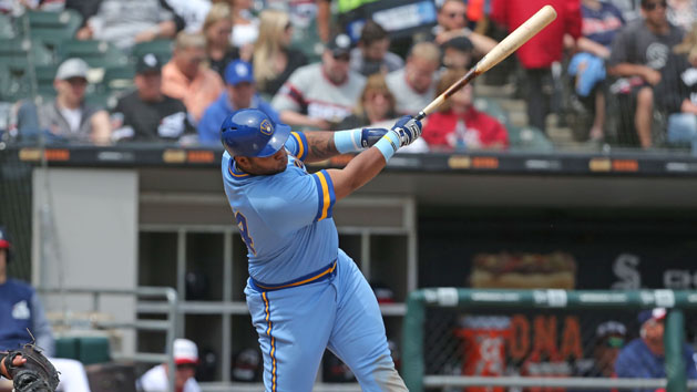 Jun 2, 2018; Chicago, IL, USA; Milwaukee Brewers first baseman Jesus Aguilar (24) hits a double during the sixth inning against the Chicago White Sox at Guaranteed Rate Field. Photo Credit: Dennis Wierzbicki-USA TODAY Sports