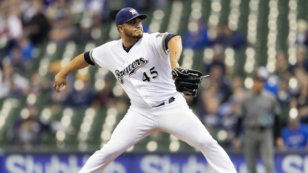 May 22, 2018; Milwaukee, WI, USA; Milwaukee Brewers pitcher Jhoulys Chacin (45) throws a pitch during the first inning against the Arizona Diamondbacks at Miller Park. Photo Credit: Jeff Hanisch-USA TODAY Sports