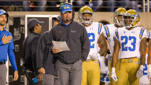 Nov 3, 2017; Salt Lake City, UT, USA; UCLA Bruins head coach Jim Mora (with headset) during the first half against the Utah Utes at Rice-Eccles Stadium. Photo Credit: Russ Isabella-USA TODAY Sports