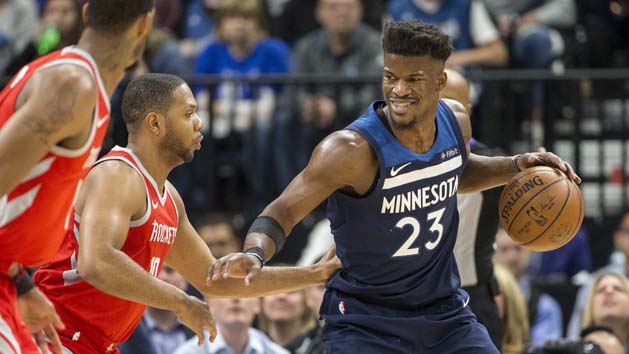 Apr 21, 2018; Minneapolis, MN, USA; Minnesota Timberwolves guard Jimmy Butler (23) looks to get around Houston Rockets guard Eric Gordon (10) in the first half in game three of the first round of the 2018 NBA Playoffs at Target Center. Photo Credit: Jesse Johnson-USA TODAY Sports
