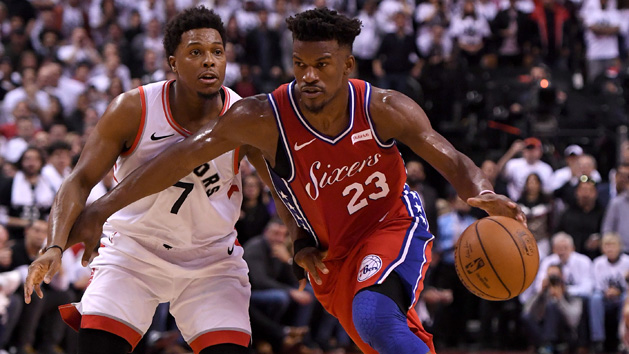 May 12, 2019; Toronto, Ontario, CAN; Philadelphia 76ers guard Jimmy Butler (23) dribbles the ball against Toronto Raptors guard Kyle Lowry (7) in game seven of the second round of the 2019 NBA Playoffs at Scotiabank Arena. Photo Credit: Dan Hamilton-USA TODAY Sports