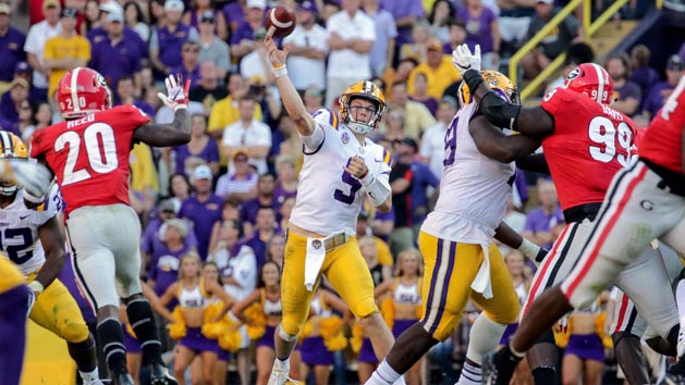 Oct 13, 2018; Baton Rouge, LA, USA; LSU Tigers quarterback Joe Burrow (9) throws against the Georgia Bulldogs during the second half at Tiger Stadium. Photo Credit: Derick E. Hingle-USA TODAY Sports