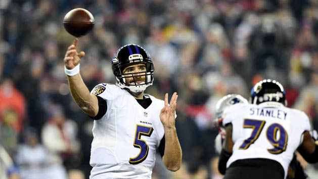 Dec 12, 2016; Foxborough, MA, USA; Baltimore Ravens quarterback Joe Flacco (5) throws against the New England Patriots during the first half at Gillette Stadium. Photo Credit: Bob DeChiara-USA TODAY Sports