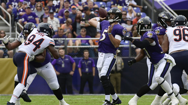 Oct 15, 2017; Baltimore, MD, USA; Baltimore Ravens quarterback Joe Flacco (5) throws during the second quarter against the Chicago Bears at M&T Bank Stadium. Photo Credit: Tommy Gilligan-USA TODAY Sports