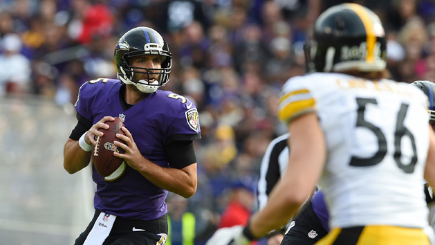 Nov 6, 2016; Baltimore, MD, USA; Baltimore Ravens quarterback Joe Flacco (5) drops back to pass during the first quarter against the Pittsburgh Steelers at M&T Bank Stadium. Mandatory Credit: Tommy Gilligan-USA TODAY Sports