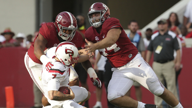 Sep 10, 2016; Tuscaloosa, AL, USA; Western Kentucky Hilltoppers quarterback Tyler Ferguson (7) tries to get away from Alabama Crimson Tide defensive lineman Dakota Ball (44) and defensive lineman Jonathan Allen (93) at Bryant-Denny Stadium. The Tide defeated the Hilltoppers 38-10. Photo Credit: Marvin Gentry-USA TODAY Sports