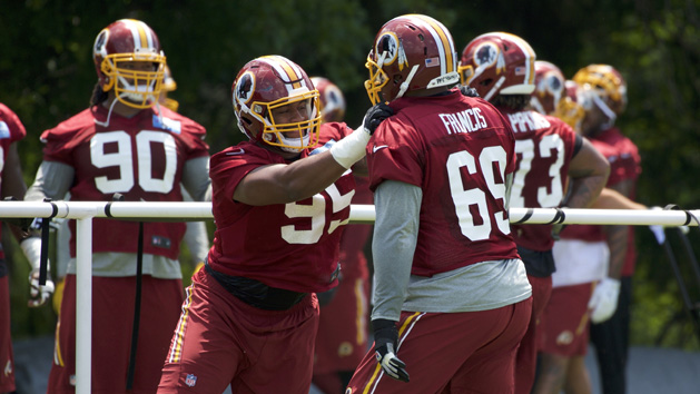 Jun 13, 2017; Washington, DC, USA; Washington Redskins defensive lineman Jonathan Allen (95) battles defensive lineman defensive lineman A.J. Francis (69) during minicamp at Redskins Park. Photo Credit: Rafael Suanes-USA TODAY Sports