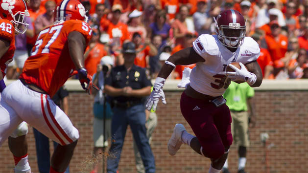 Sep 10, 2016; Clemson, SC, USA; Troy Trojans running back Jordan Chunn (38) carries the ball during the first quarter against the Clemson Tigers at Clemson Memorial Stadium. Photo Credit: Joshua S. Kelly-USA TODAY Sports