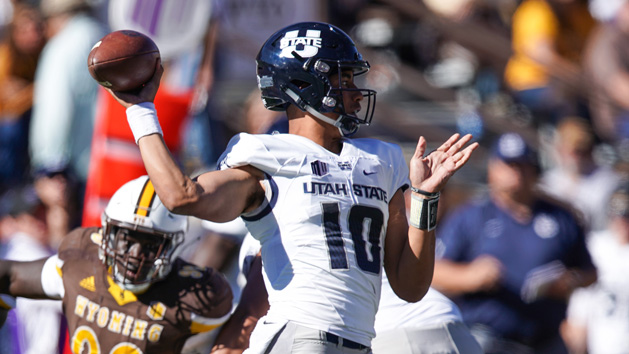 Oct 20, 2018; Laramie, WY, USA; Utah State Aggies quarterback Jordan Love (10) throws against the Wyoming Cowboys during the third quarter at Jonah Field War Memorial Stadium. Photo Credit: Troy Babbitt-USA TODAY Sports