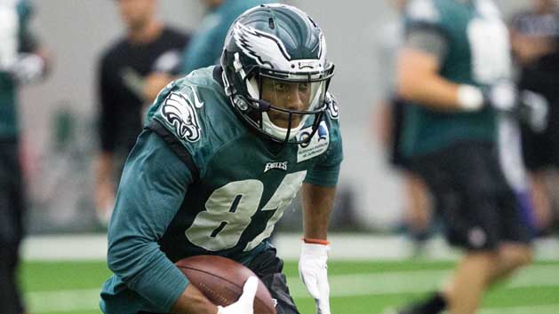 Jul 28, 2016; Philadelphia, PA, USA; Philadelphia Eagles wide receiver Jordan Matthews (81) runs with the ball during training camp at NovaCare Complex. Photo Credit: Bill Streicher-USA TODAY Sports
