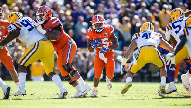 Nov 19, 2016; Baton Rouge, LA, USA; Florida Gators running back Jordan Scarlett (25) in action during the game against the LSU Tigers at Tiger Stadium. The Gators defeat the Tigers 16-10. Photo Credit: Jerome Miron-USA TODAY Sports