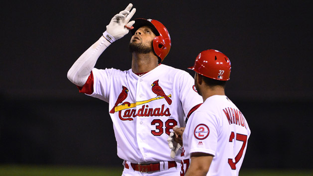 Jun 11, 2018; St. Louis, MO, USA; St. Louis Cardinals first baseman Jose Martinez (38) celebrates after hitting a single off of San Diego Padres starting pitcher Jordan Lyles (not pictured) during the fifth inning at Busch Stadium. Photo Credit: Jeff Curry-USA TODAY Sports