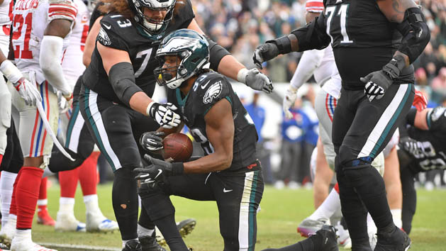 Nov 25, 2018; Philadelphia, PA, USA; Philadelphia Eagles running back Josh Adams (33) celebrate his touchdown with offensive guard Isaac Seumalo (73) and offensive tackle Jason Peters (71) touchdown against the New York Giants during the fourth quarter at Lincoln Financial Field. Photo Credit: Eric Hartline-USA TODAY Sports