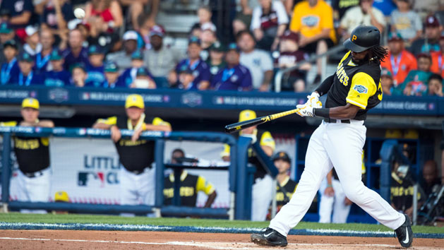 Aug 20, 2017; Williamsport, PA, USA; Pittsburgh Pirates first baseman Josh Bell (55) hits a three run home run during the first inning against the St. Louis Cardinals at BB&T Ballpark at Historic Bowman Field. Photo Credit: Brett Carlsen-USA TODAY Sports