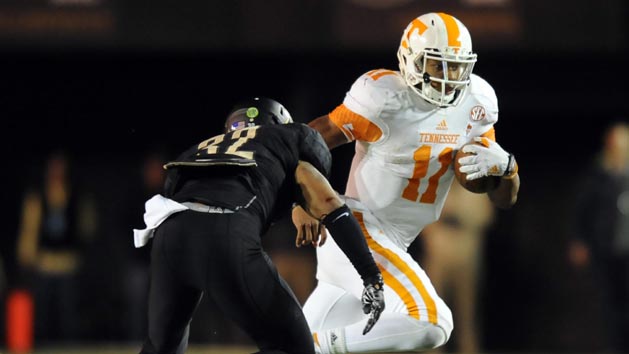 Nov 29, 2014; Nashville, TN, USA; Tennessee Volunteers quarterback Josh Dobbs (11) during the second half against the Vanderbilt Commodores at Vanderbilt Stadium. The Volunteers won 24-17. Photo Credit: Christopher Hanewinckel-USA TODAY Sports
