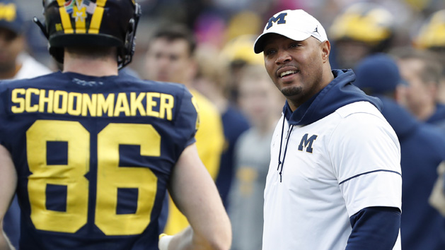 Apr 13, 2019; Ann Arbor, MI, USA; Michigan Wolverines offensive coordinator Josh Gattis looks at tight end Luke Schoonmaker (86) during the spring football game at Michigan Stadium. Photo Credit: Raj Mehta-USA TODAY Sports