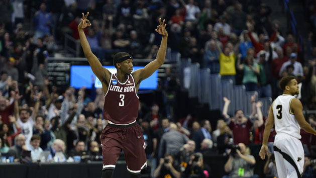 Mar 17, 2016; Denver , CO, USA; Arkansas Little Rock Trojans guard Josh Hagins (3) celebrates making a game tying three-point shot during Purdue vs Arkansas Little Rock in the first round of the 2016 NCAA Tournament at Pepsi Center. Mandatory Credit: Ron Chenoy-USA TODAY Sports