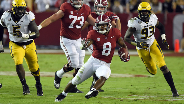 Oct 13, 2018; Tuscaloosa, AL, USA; Alabama Crimson Tide running back Josh Jacobs (8) carries the ball up the field against the Missouri Tigers during the first quarter at Bryant-Denny Stadium. Photo Credit: John David Mercer-USA TODAY Sports