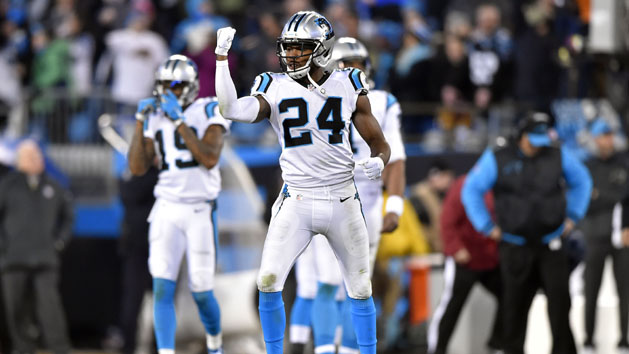 Jan 24, 2016; Charlotte, NC, USA; Carolina Panthers cornerback Josh Norman (24) reacts after a fumble recovery during the second quarter against the Arizona Cardinals in the NFC Championship football game at Bank of America Stadium. Mandatory Credit: Bob Donnan-USA TODAY Sports