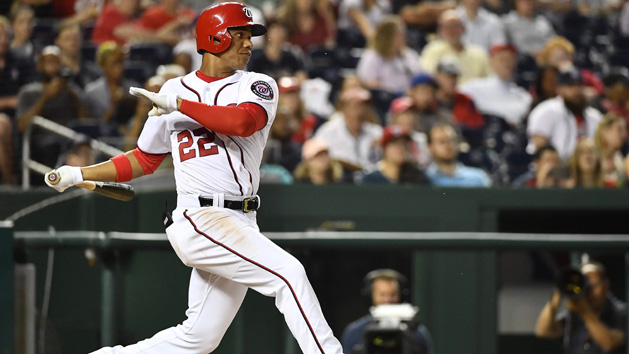May 21, 2018; Washington, DC, USA; Washington Nationals left fielder Juan Soto (22) hits a single against the San Diego Padres during the sixth inning at Nationals Park. Photo Credit: Brad Mills-USA TODAY Sports