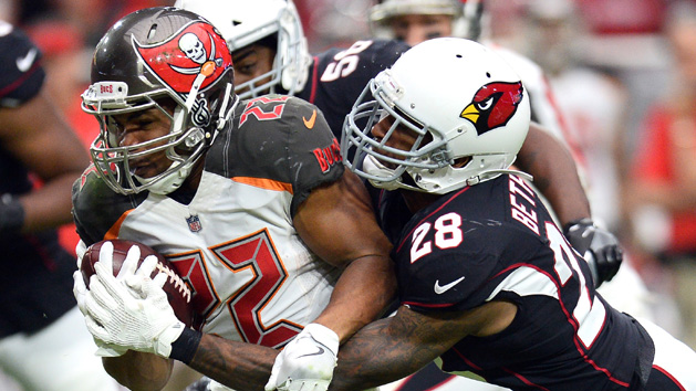 Oct 15, 2017; Glendale, AZ, USA; Arizona Cardinals cornerback Justin Bethel (28) tackles Tampa Bay Buccaneers running back Doug Martin (22) during the second half at University of Phoenix Stadium. Photo Credit: Joe Camporeale-USA TODAY Sports