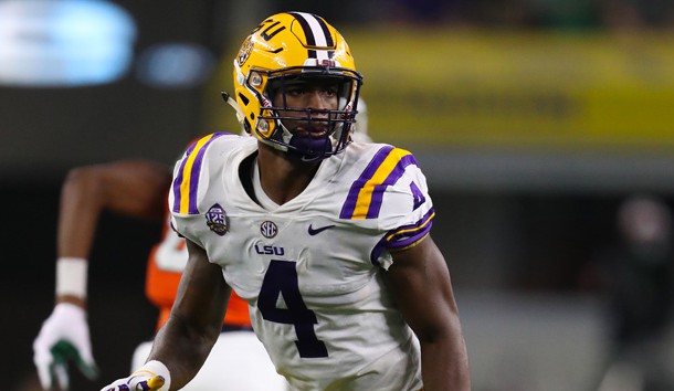 Sep 2, 2018; Arlington, TX, USA; LSU Tigers linebacker K'Lavon Chaisson (4) in action against the Miami Hurricanes at AT&T Stadium. Photo Credit: Matthew Emmons-USA TODAY Sports
