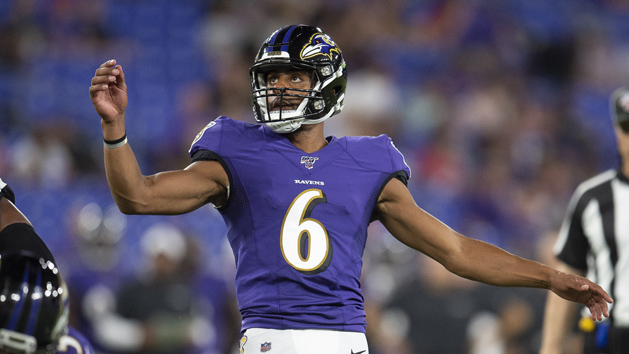Aug 8, 2019; Baltimore, MD, USA; Baltimore Ravens punter Kaare Vedvik (6) kicks a field goal during during the second half against the Baltimore Ravens at M&T Bank Stadium. Photo Credit: Tommy Gilligan-USA TODAY Sports