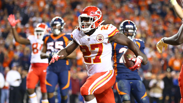 Oct 1, 2018; Denver, CO, USA; Kansas City Chiefs running back Kareem Hunt (27) scores a fourth quarter touchdown against the Denver Broncos at Broncos Stadium at Mile High. Photo Credit: Mark J. Rebilas-USA TODAY Sports