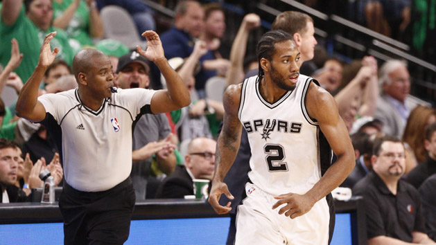 Mar 17, 2016; San Antonio, TX, USA; San Antonio Spurs small forward Kawhi Leonard (2) reacts after a shot against the Portland Trail Blazers during the second half at AT&T Center. Mandatory Credit: Soobum Im-USA TODAY Sports