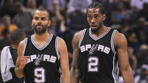 Apr 24, 2016; Memphis, TN, USA; San Antonio Spurs guard Tony Parker (9) and forward Kawhi Leonard (2) during the first half against the Memphis Grizzlies in game four of the first round of the NBA Playoffs at FedExForum. Photo Credit: Justin Ford-USA TODAY Sports