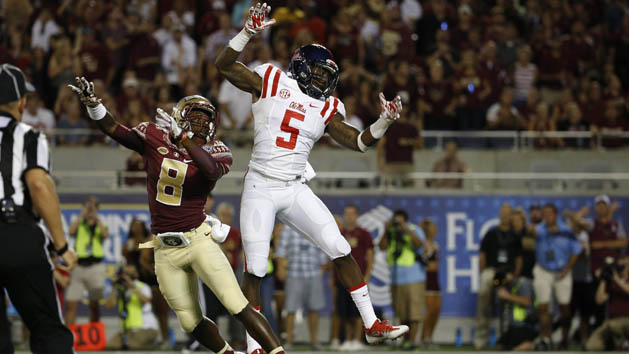 Sep 5, 2016; Orlando, FL, USA; Mississippi Rebels defensive back Ken Webster (5) defends Florida State Seminoles wide receiver Kermit Whitfield (8) and Webster falls and leaves the game with an apparent injury during the first quarter at Camping World Stadium. Photo Credit: Kim Klement-USA TODAY Sports