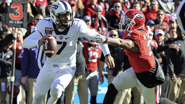 Dec 30, 2016; Memphis, TN, USA; Georgia Bulldogs defensive back Maurice Smith (2) pressures TCU Horned Frogs quarterback Kenny Hill (7) during the first half at Liberty Bowl. Photo Credit: Justin Ford-USA TODAY Sports