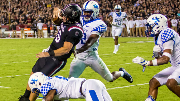 Sep 16, 2017; Columbia, SC, USA; South Carolina Gamecocks quarterback Jake Bentley (19) is stopped by Kentucky Wildcats cornerback Derrick Baity (8) in the second half at Williams-Brice Stadium. Photo Credit: Jeff Blake-USA TODAY Sports