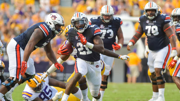 Oct 14, 2017; Baton Rouge, LA, USA; Auburn running back Kerryon Johnson runs the ball against LSU during a college football game at Tiger Stadium. Photo Credit: Scott Clause/The Advertiser via USA TODAY Sports