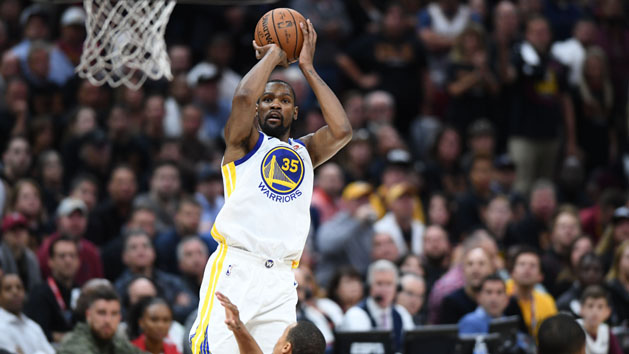 Jun 6, 2018; Cleveland, OH, USA; Golden State Warriors forward Kevin Durant (35) shoots against the Cleveland Cavaliers during the second quarter in game three of the 2018 NBA Finals at Quicken Loans Arena. Photo Credit: Ken Blaze-USA TODAY Sports