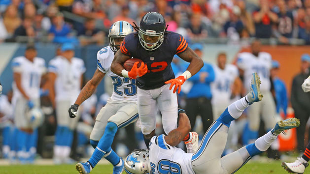 Oct 2, 2016; Chicago, IL, USA; Chicago Bears wide receiver Kevin White (13) is tackled by Detroit Lions cornerback Quandre Diggs (28) during the first half at Soldier Field. Photo Credit: Dennis Wierzbicki-USA TODAY Sports