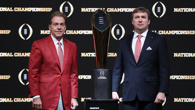 Jan 7, 2018; Atlanta, GA, USA; Alabama Crimson Tide head coach Nick Saban (left) poses for a photo with Georgia Bulldogs head coach Kirby Smart and College Football Playoff National Championship Trophy at Sheraton Atlanta. Photo Credit: Matthew Emmons-USA TODAY Sports