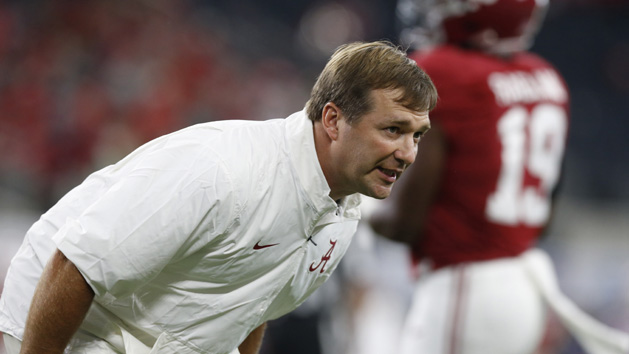 Sep 5, 2015; Arlington, TX, USA; Alabama Crimson Tide defensive coordinator Kirby Smart prior to the game against the Wisconsin Badgers at AT&T Stadium. Mandatory Credit: Matthew Emmons-USA TODAY Sports
