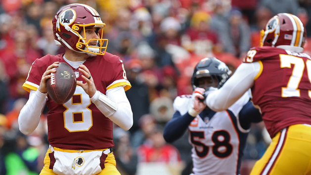 Dec 24, 2017; Landover, MD, USA; Washington Redskins quarterback Kirk Cousins (8) prepares to pass the ball as Denver Broncos outside linebacker Von Miller (58) chases in the first quarter at FedEx Field. Photo Credit: Geoff Burke-USA TODAY Sports