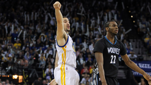 Apr 4, 2017; Oakland, CA, USA; Golden State Warriors guard Klay Thompson (11) looks on after shooting the ball against Minnesota Timberwolves forward Andrew Wiggins (22) during the third quarter at Oracle Arena. The Warriors defeated the Timberwolves 121-107. Photo Credit: Sergio Estrada-USA TODAY Sports