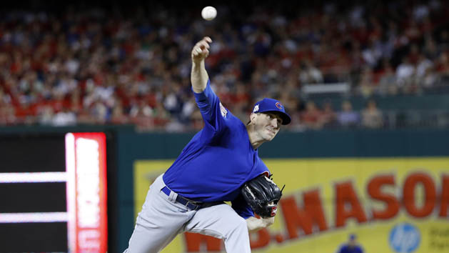October 6, 2017; Washington, DC, USA; Chicago Cubs starting pitcher Kyle Hendricks (28) throws in the sixth inning against the Washington Nationals in game one of the 2017 NLDS at Nationals Park. Photo Credit: Geoff Burke-USA TODAY Sports