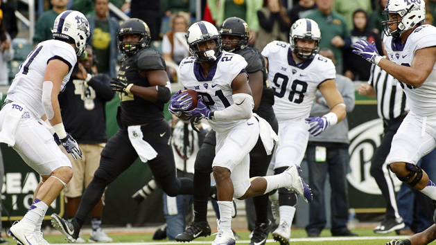 Nov 5, 2016; Waco, TX, USA; TCU Horned Frogs running back Kyle Hicks (21) carries the ball for a 22-yard touchdown against the Baylor Bears during the first half at McLane Stadium. Photo Credit: Ray Carlin-USA TODAY Sports