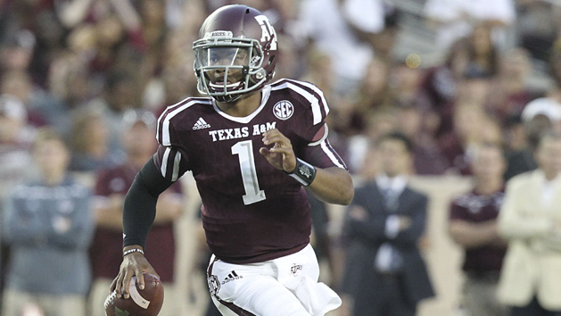 Sep 12, 2015; College Station, TX, USA; Texas A&M Aggies quarterback Kyler Murray (1) rushes against the Ball State Cardinals in the second quarter at Kyle Field. Mandatory Credit: Thomas B. Shea-USA TODAY Sports