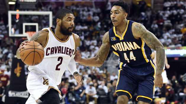 Apr 17, 2017; Cleveland, OH, USA; Cleveland Cavaliers guard Kyrie Irving (2) drives to the basket against Indiana Pacers guard Jeff Teague (44) during the second half in game two of the first round of the 2017 NBA Playoffs at Quicken Loans Arena. The Cavs won 117-111. Photo Credit: Ken Blaze-USA TODAY Sports