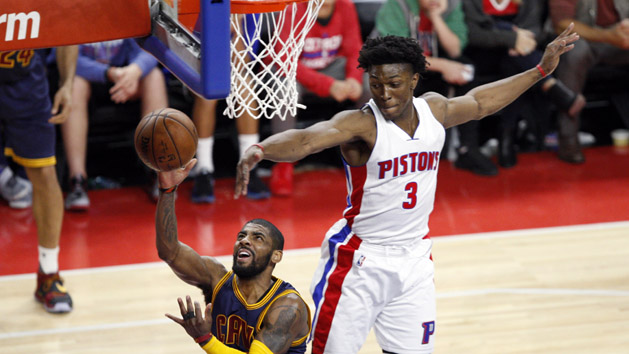 Apr 24, 2016; Auburn Hills, MI, USA; Cleveland Cavaliers guard Kyrie Irving (2) takes a shot against Detroit Pistons forward Stanley Johnson (3) during the third quarter in game four of the first round of the NBA Playoffs at The Palace of Auburn Hills. Cavs win 100-98. Mandatory Credit: Raj Mehta-USA TODAY Sports