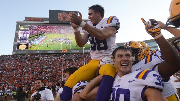 Sep 15, 2018; Auburn, AL, USA; LSU Tigers place kicker Cole Tracy (36) celebrates after kicking the game-winning field goal to defeat the Auburn Tigers 22-21 at Jordan-Hare Stadium. Photo Credit: Julie Bennett-USA TODAY Sports