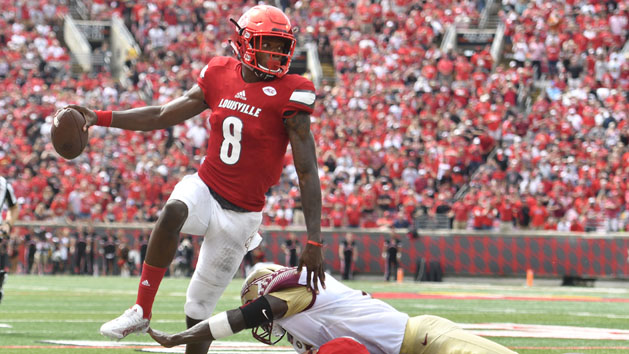 Sep 17, 2016; Louisville, KY, USA; Louisville Cardinals quarterback Lamar Jackson (8) avoids the tackle of Florida State Seminoles linebacker Dontavious Jackson (5) during the second quarter at Papa John's Cardinal Stadium. Photo Credit: Jamie Rhodes-USA TODAY Sports